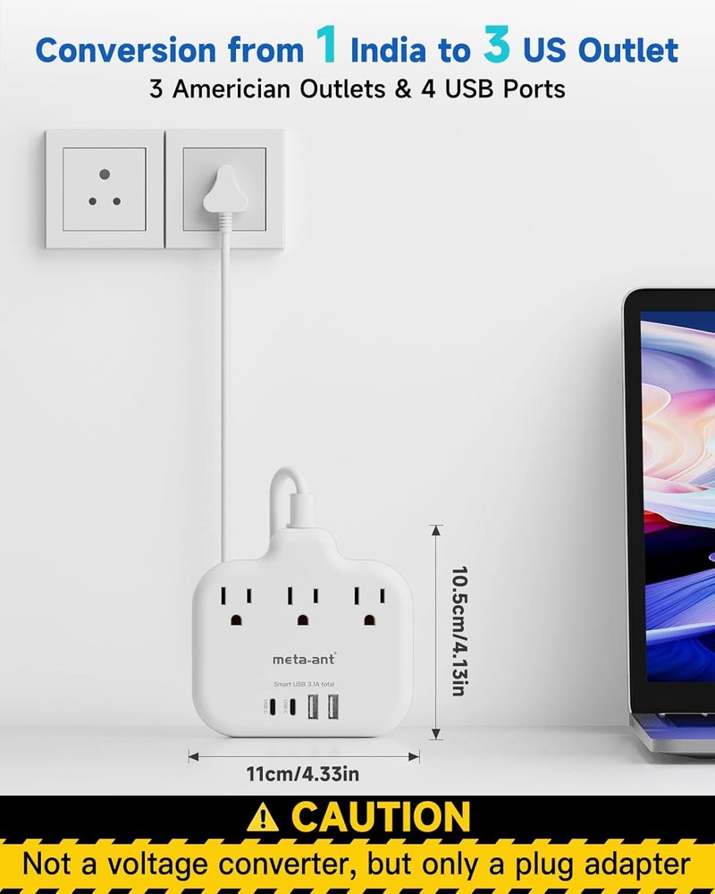 meta-ant US to India Plug Adapter, India Power Adapter with 3 American Outlets 4 USB Charger Ports(2 USB C), 5FT India Extension Cord, Type D Travel Adapter for USA to India Bangladesh Maldives Nepal - Image 3